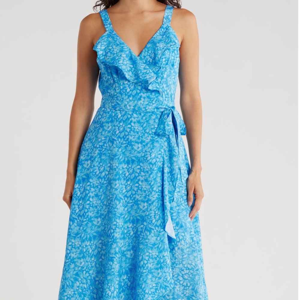 Blue Harbor Romance – Blue Floral Wrap Midi Dress